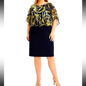 Women Formal Dress Plus Size 20W CONNECTED APPAREL Navy Yellow Gold Overlay Cape